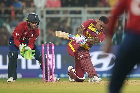 West Indies' Shimron Hetmyer plays a shot during the T20 World Cup cricket match between England and West Indies in Mumbai, India.