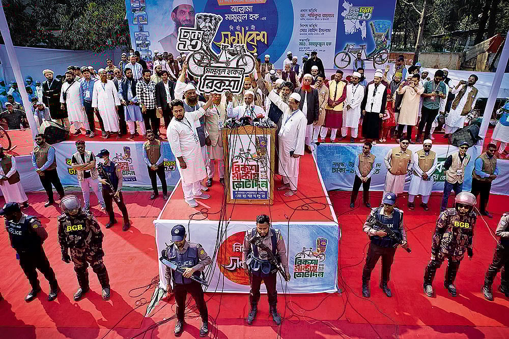 Polarising in its Favour: Jamaat-e-Islami leader Shafiqur Rahman (centre) at an election rally in Dhaka on February 9, 2026 - | Photo: AP