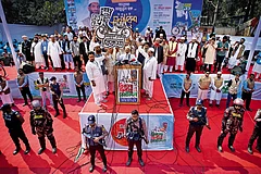 | Photo: AP : Polarising in its Favour: Jamaat-e-Islami leader Shafiqur Rahman (centre) at an election rally in Dhaka on February 9, 2026
