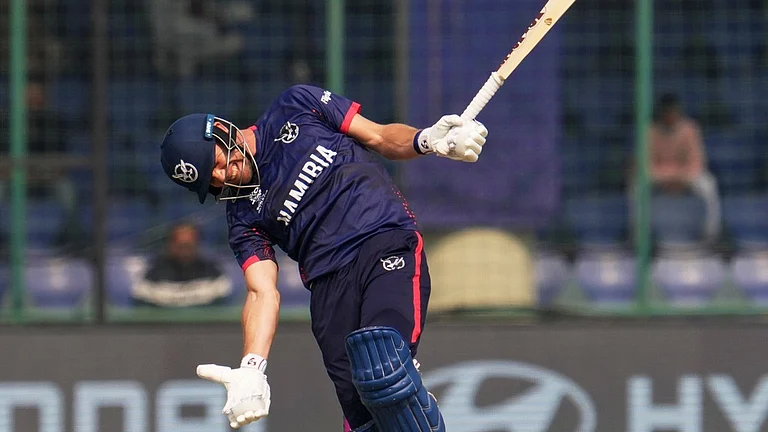 Namibia's captain Gerhard Erasmus reacts after losing his wicket during the T20 World Cup match between Namibia and Netherlands in New Delhi. - AP
