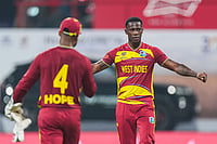 England Vs West Indies, ICC T20 World Cup 2026: Windies Spinners Propel Them To 30-Run Victory | Photo: PTI/Kunal Patil : West Indies' captain Shai Hope, left, and Shamar Joseph celebrate after winning an ICC Men's T20 World Cup 2026 cricket match between England and West Indies, at the Wankhede Stadium, in Mumbai, Maharashtra.