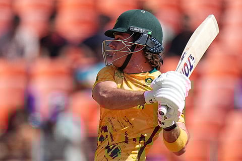 South Africa's Dewald Brevis plays a shot during the T20 World Cup cricket match between Afghanistan and South Africa in Ahmedabad.