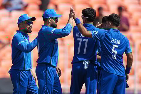 Afghanistan cricketers celebrate the dismissal of South Africa's Marco Jansen during the T20 World Cup cricket match between Afghanistan and South Africa in Ahmedabad.