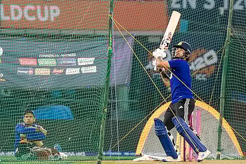 India's Ishan Kishan plays a shot during a practice session ahead of an ICC Men's T20 World Cup 2026 cricket match between India and Namibia, at the Arun Jaitley Stadium, in New Delhi.