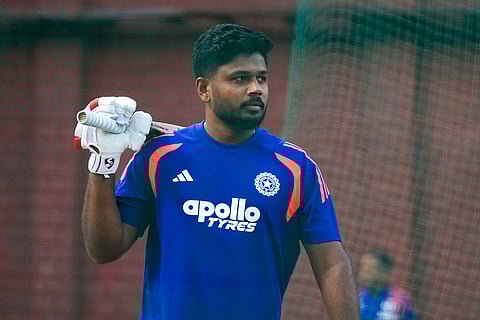 India's Sanju Samson during a practice session ahead of an ICC Men's T20 World Cup 2026 cricket match between India and Namibia, at the Arun Jaitley Stadium, in New Delhi.