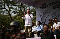 | Photo: AP/Mahmud Hossain Opu : Bangladesh Nationalist Party (BNP) Chairperson Tarique Rahman speaks to his supporters during an election rally on the last day of the election campaign, in Dhaka, Bangladesh.