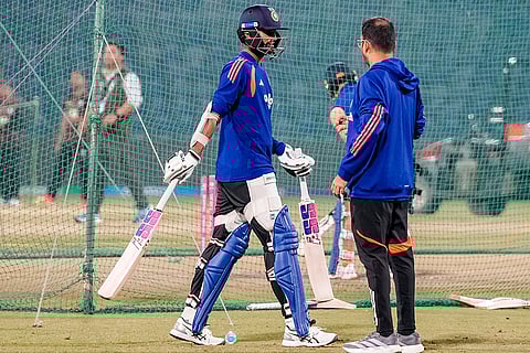 India's Washington Sundar, front left, during a practice session ahead of an ICC Men's T20 World Cup 2026 cricket match between India and Namibia, at the Arun Jaitley Stadium, in New Delhi.