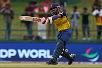 Sri Lanka Vs Oman LIVE Score, T20 World Cup 2026: Target 226; Nadeem, Wasim Ali Lead Chase | OMA 59/3 (9) | Photo: AP/Eranga Jayawardena : Sri Lanka's Kusal Mendis plays a shot during the T20 World Cup cricket match between Oman and Sri Lanka in Pallekele, Sri Lanka, Thursday, Feb. 12, 2026.
