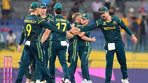 | Photo: AP/Eranga Jayawardena : Australia's captain Travis Head, right, celebrates with teammates after Australia won the T20 World Cup cricket match against Ireland in Colombo, Sri Lanka, Wednesday, Feb. 11, 2026.