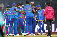 | Photo: AP/Manish Swarup : India's players celebrate after winning their T20 World Cup cricket match against Namibia in New Delhi.