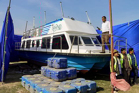 Preparations underway ahead of the launch of cruise service on Yamuna river, in New Delhi.