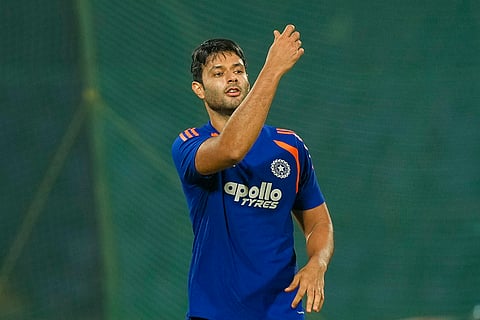 India's Shivam Dube during a training session ahead of the ICC Men's T20 World Cup 2026 cricket match between India and Namibia, at Arun Jaitley Stadium, in New Delhi.
