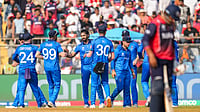  (PTI Photo/Shashank Parade) : Italy's players celebrate the wicket of Nepal's Sandeep Lamichhane during the ICC Men's T20 World Cup 2026 cricket match between Italy and Nepal, at the Wankhede Stadium, in Mumbai, Maharashtra, Thursday, Feb. 12, 2026.