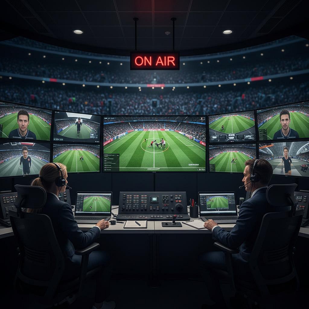 Commentators in a high-tech studio broadcasting a live football match