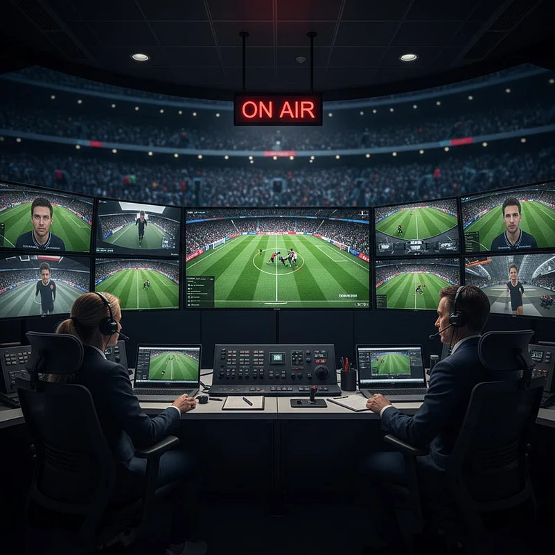 Commentators in a high-tech studio broadcasting a live football match