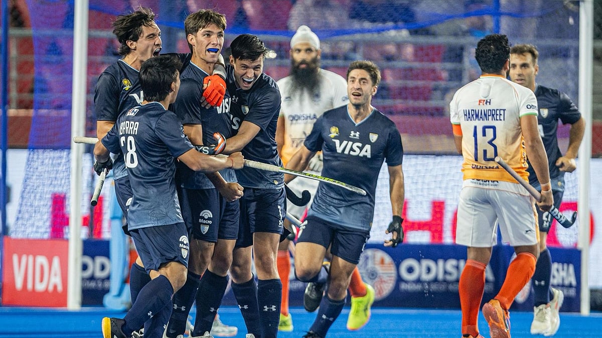 Argentina celebrate a goal against India in their FIH Pro League 2025-26 encounter in Rourkela. - Hockey India