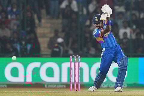 India's Hardik Pandya plays a shot during the T20 World Cup cricket match between India and Namibia in New Delhi.