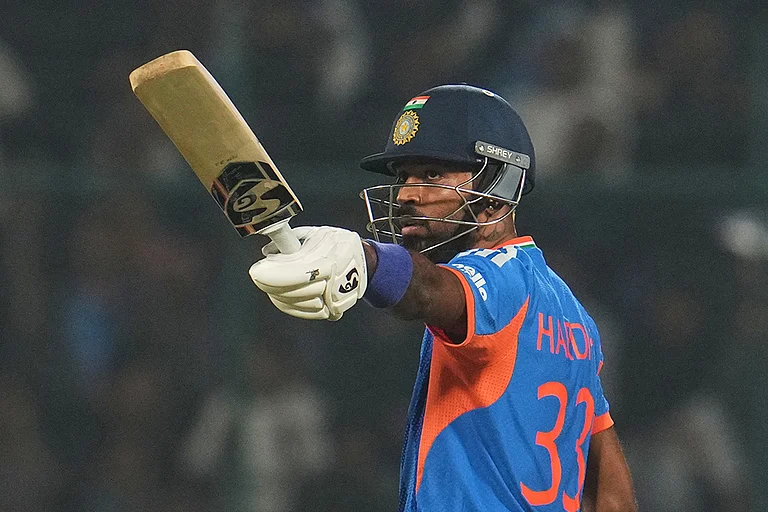 India's Hardik Pandya celebrates his fifty runs during the T20 World Cup cricket match between India and Namibia in New Delhi. - | Photo: AP/Manish Swarup