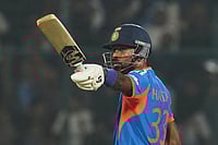 India Vs Namibia, ICC T20 World Cup 2026: See Best Photos From Delhi's Arun Jaitley Stadium | Photo: AP/Manish Swarup : India's Hardik Pandya celebrates his fifty runs during the T20 World Cup cricket match between India and Namibia in New Delhi.