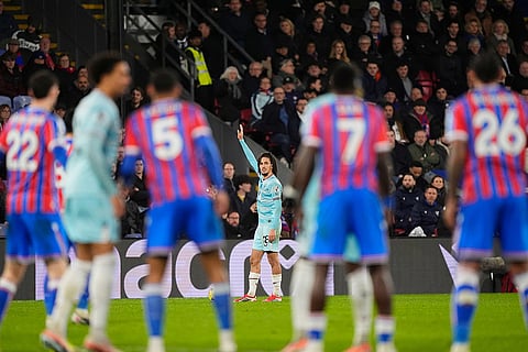 Burnley's Hannibal Mejbri reacts during the English Premier League soccer match against Crystal Palace in London.