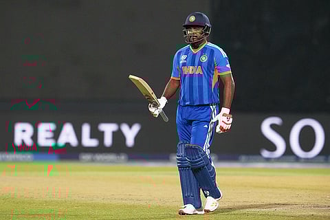 India's Sanju Samson reacts as he leaves the ground after losing his wicket during the T20 World Cup cricket match between India and Namibia in New Delhi.