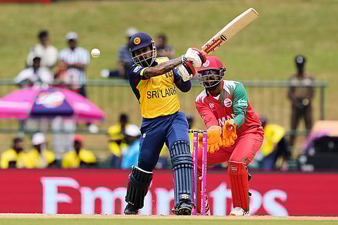 Sri Lanka's Kusal Mendis plays a shot during the T20 World Cup cricket match between Oman and Sri Lanka in Pallekele, Sri Lanka.