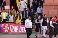 Day In Pics: February 12, 2026 | Photo: PTI/Salman Ali : Congress MP Priyanka Gandhi Vadra, suspended MPs Hibi Eden, Dean Kuriakose, Prashant Padole, Manickam Tagore and other opposition MPs stage a protest over the India-US interim trade deal, accusing the government of "surrendering" Indian interests, during the Budget session of Parliament, in New Delhi.