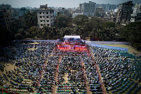Jamaat-e-Islami leader Shafiqur Rahman and other leaders attend the last day of an election rally for Bangladesh Khilafat Majlis candidate Mamunul Haque, organized by the eleven party alliance in Dhaka, Bangladesh, Monday, Feb. 9, 2026.