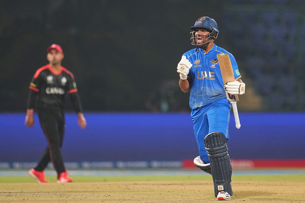 United Arab Emirates' Aryansh Sharma celebrates after defeating Canada during the T20 World Cup cricket match in New Delhi. - | Photo: AP/Manish Swarup