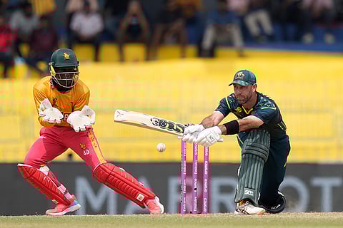Australia's Glenn Maxwell plays a shot during the T20 World Cup cricket match between Australia and Zimbabwe in Colombo, Sri Lanka.