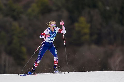 Jessie Diggins, of the United States, competes in the cross country skiing women's 10km interval start free at the 2026 Winter Olympics, in Tesero, Italy.
