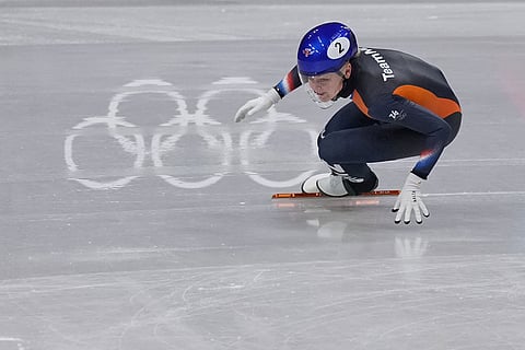 Xandra Velzeboer of the Netherlands competes during the short track speed skating women's 500m at the 2026 Winter Olympics, in Milan, Italy.