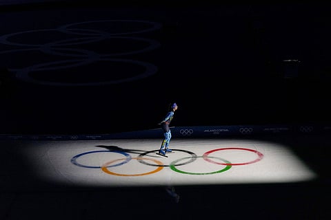 Nadezhda Morozova of Kazakhstan warms up prior to competing in the women's 5,000 meters speedskating race at the 2026 Winter Olympics, in Milan, Italy.