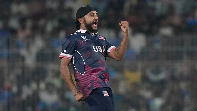 United States' Harmeet Singh celebrates the wicket of Netherlands' Bas de Leede during the T20 World Cup cricket match between Netherlands and United States in Chennai, India, Friday, Feb. 13, 2026. - AP Photo/Mahesh Kumar A