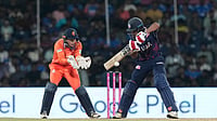AP Photo/Mahesh Kumar A : United States' Saiteja Mukkamala plays a shot during the T20 World Cup cricket match between Netherlands and United States in Chennai, India, Friday, Feb. 13, 2026.