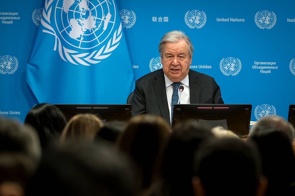 UNITED NATIONS, Jan. 29, 2026 -- UN Secretary-General Antonio Guterres speaks at a start-of-year press conference at the UN headquarters in New York, Jan. 29, 2026. Guterres on Thursday warned that power is prevailing over law globally and called for the acceleration of multipolarity. (UN Photo Handout via Xinhua) - |Source: IMAGO / Xinhua