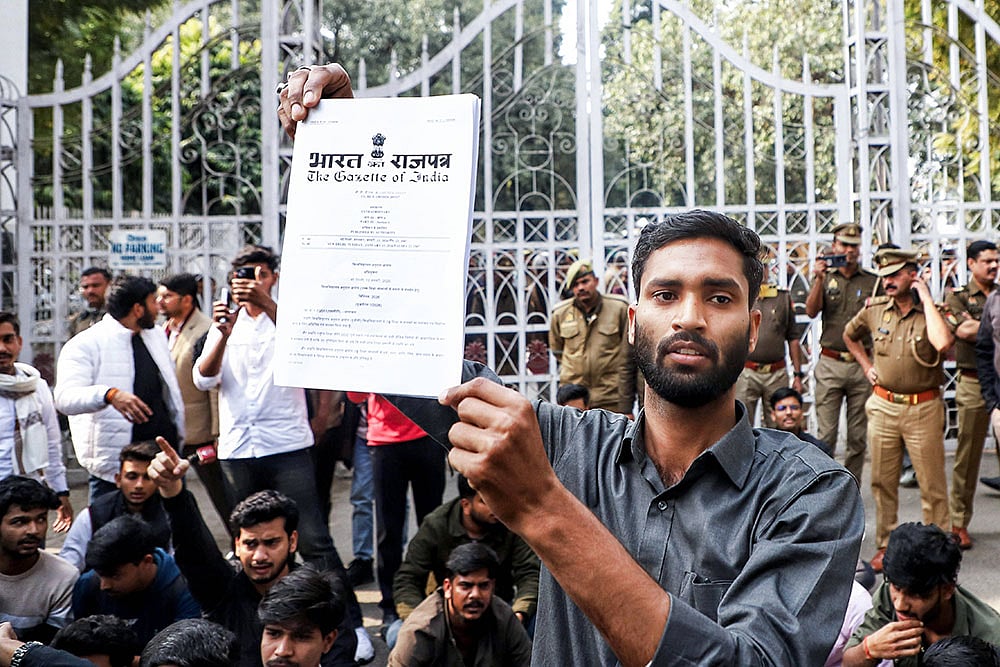 Students of Lucknow University stage a protest against UGC's new caste-based equality rules in colleges at university campus, in Lucknow, Uttar Pradesh. 
 - | Photo: IMAGO/ANI News