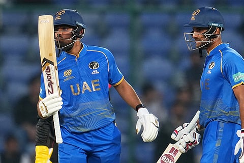 United Arab Emirates' Aryansh Sharma celebrates his fifty runs during the T20 World Cup cricket match between Canada and United Arab Emirates in New Delhi.
