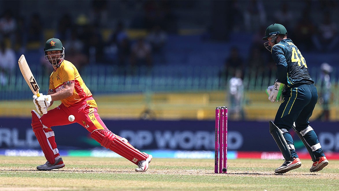 Brian Bennett in action against Australia in ICC T20 World Cup 2026 group B clash.  - ZimCricketv/X