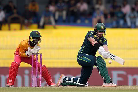 Australia's Matthew Renshaw plays a shot during the T20 World Cup cricket match between Australia and Zimbabwe in Colombo, Sri Lanka.na