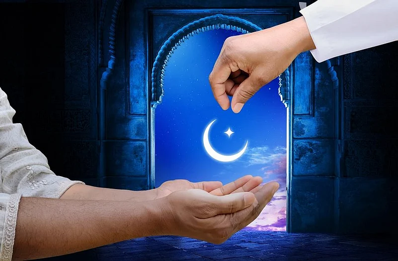 A hand dropping a glowing coin into another hand, with a crescent moon background.