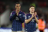 | Photo: AP/Ian Walton : Arsenal's Gabriel, left, and Viktor Gyoekeres leave the pitch after the English Premier League soccer match between Brentford and Arsenal in London.