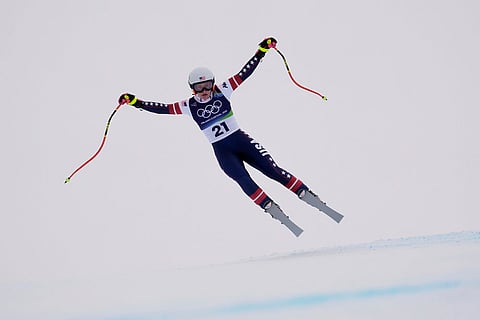 United States' Mary Bocock competes during an alpine ski, women's super-G race, at the 2026 Winter Olympics, in Cortina d'Ampezzo, Italy.