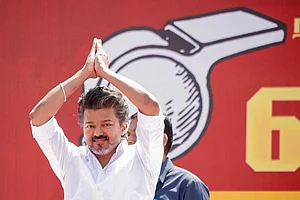 Photo: PTI : Tamilaga Vettri Kazhagam (TVK) chief Vijay during a party meeting, in Salem, Tamil Nadu.