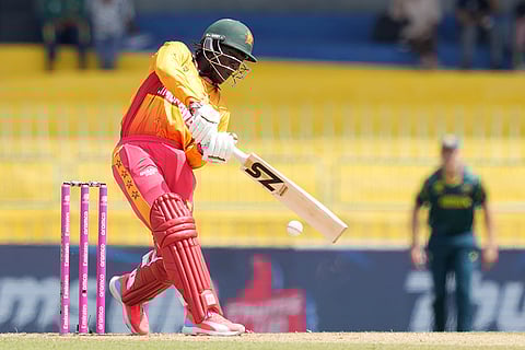 Zimbabwe's Tadiwanashe Marumani plays a shot during the T20 World Cup cricket match between Australia and Zimbabwe in Colombo, Sri Lanka.