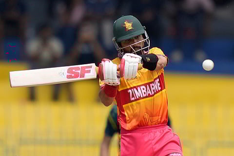 Zimbabwe's captain Sikandar Raza plays a shot during the T20 World Cup cricket match between Australia and Zimbabwe in Colombo, Sri Lanka.