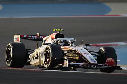 Haas driver Oliver Bearman of Britain steers his car during a Formula One pre-season test at the Bahrain International Circuit in Sakhir, Bahrain.