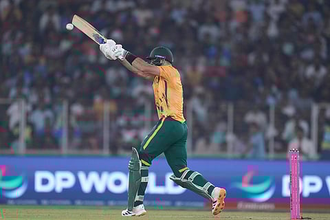 South Africa's captain Aiden Markram plays a shot during the T20 World Cup cricket match between South Africa and New Zealand in Ahmedabad.