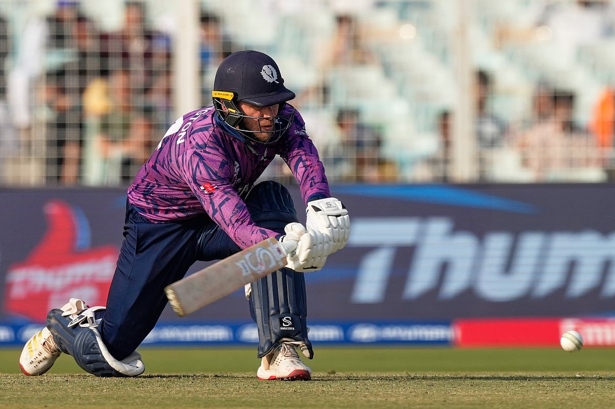 Scotland's captain Richie Berrington plays a shot during the ICC T20 World Cup 2026 group C cricket match between England and Scotland in Kolkata