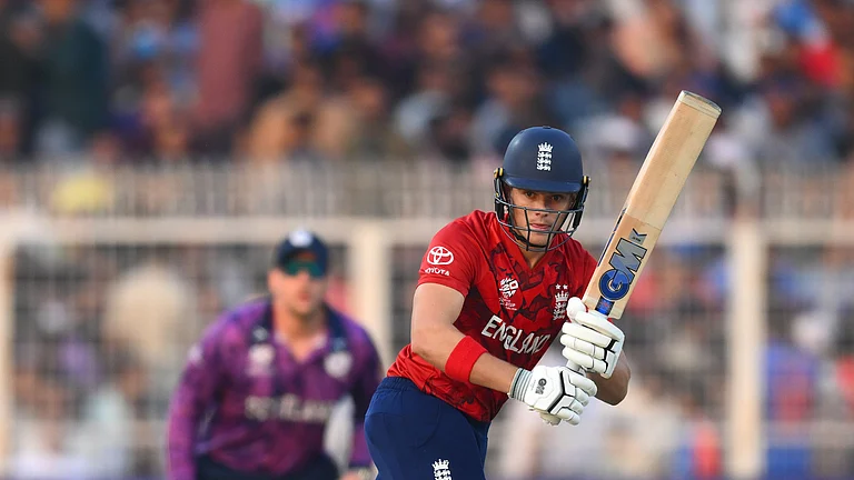 Jacob Bethell batting against Scotland in ICC T20 World Cup 2026 Group C clash at the Eden Gardens in Kolkata. - englandcricket/X
